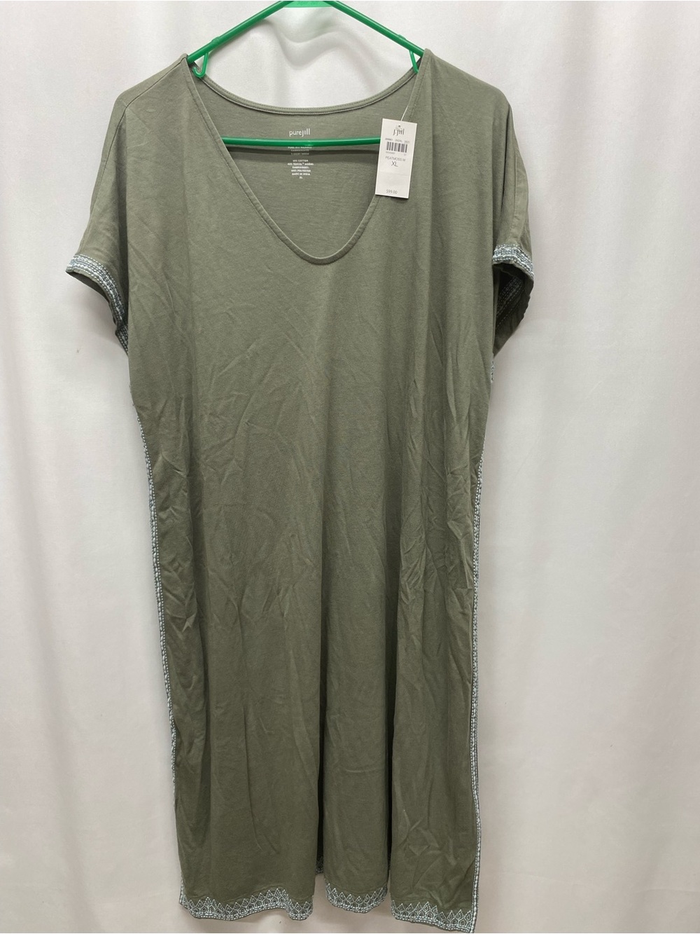 J. Jill t-shirt dress size xl embroidered peatmoss green relaxed fit NWT